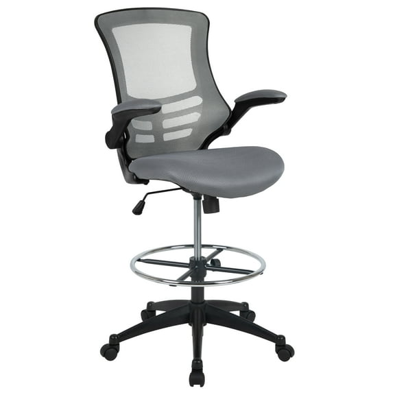 Emma Oliver Mid-Back Dark Gray Mesh Ergonomic Drafting Chair with Foot Ring and Flip-Up Arms