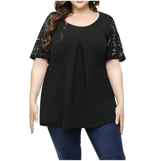 Moda Mujer Causal Cuello Redondo Blusa Sólida Encaje Manga Corta Camiseta Verano Tallas Grandes Tops Fridja hjk3158