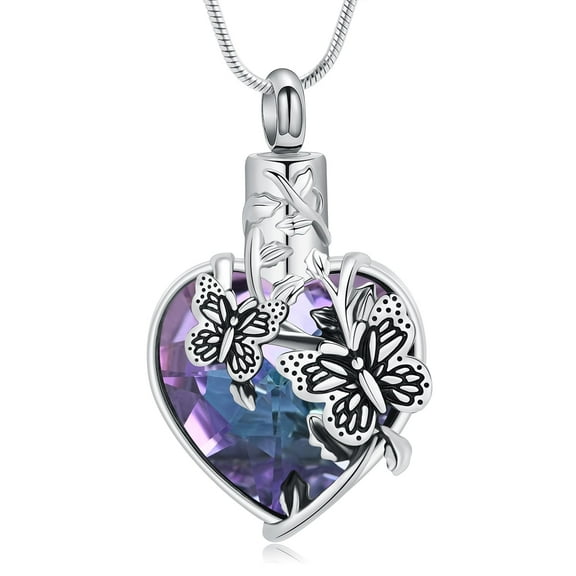 Heart Cremation Jewelry Crystal Butterfly Urn Necklace for Ashes Heart Remembrance Condolence Gift For Women Memorial Human Female Ash Holder Necklace