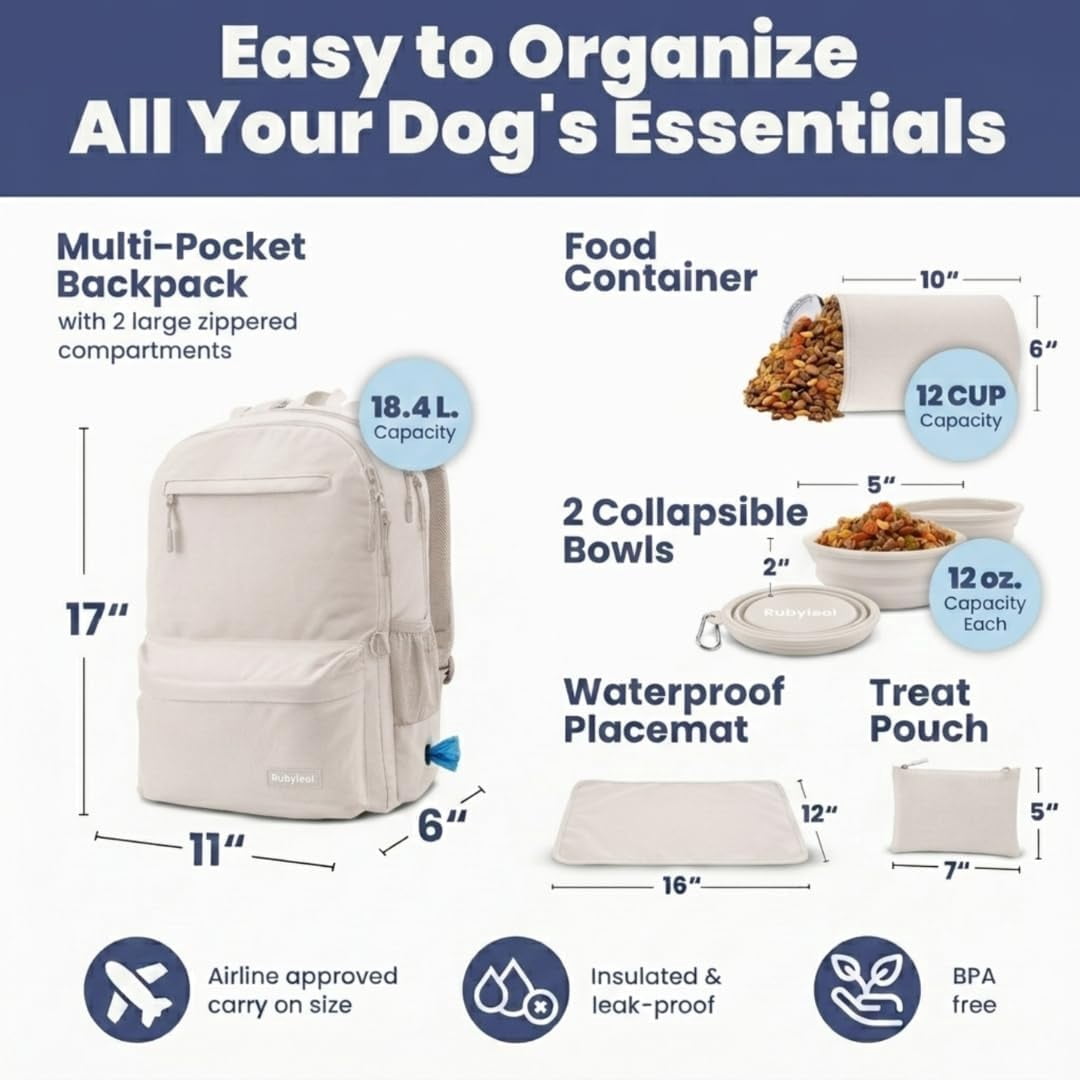 Dog Travel Bag for Supplies - Backpack with 2 Collapsible Dog Bowls, Food Bag, Treat Pouch: Beige