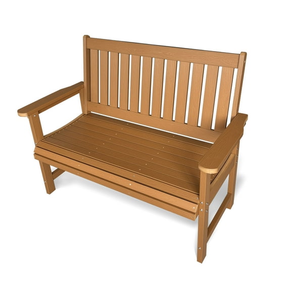 Poly Lumber Outdoor Bench, HIPS All-Weather Bench, Never Rots or Fades, for Patio, Porch, Garden and Park, 700 lbs Weight Capacity (2-Seat, Teak Tone)