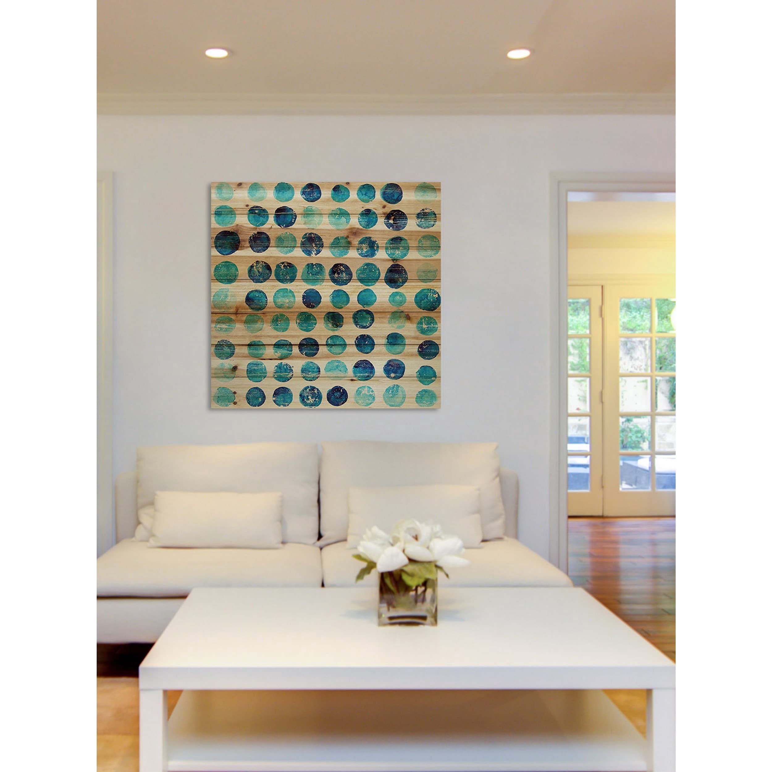 "Blue Dot Stamps" Painting Print on Natural Pine Wood
