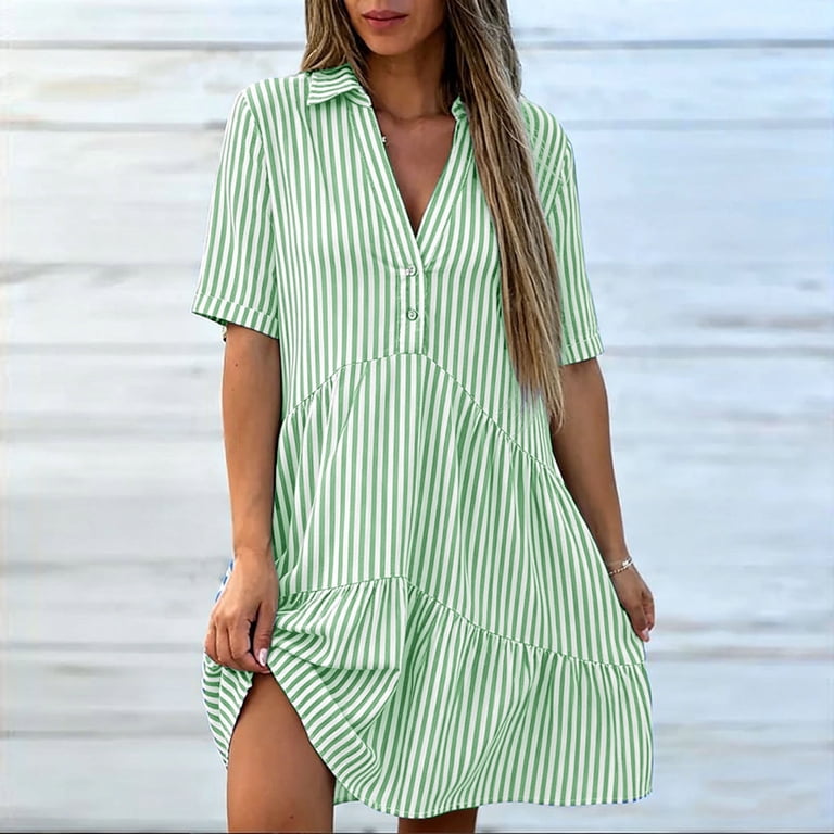 Ntacza Tiered Hem Spring Dresses for Women Henley Neck with Shirt Collar Smock Dress Button Mini Empire Waist Striped Beach Green, Women's, Size