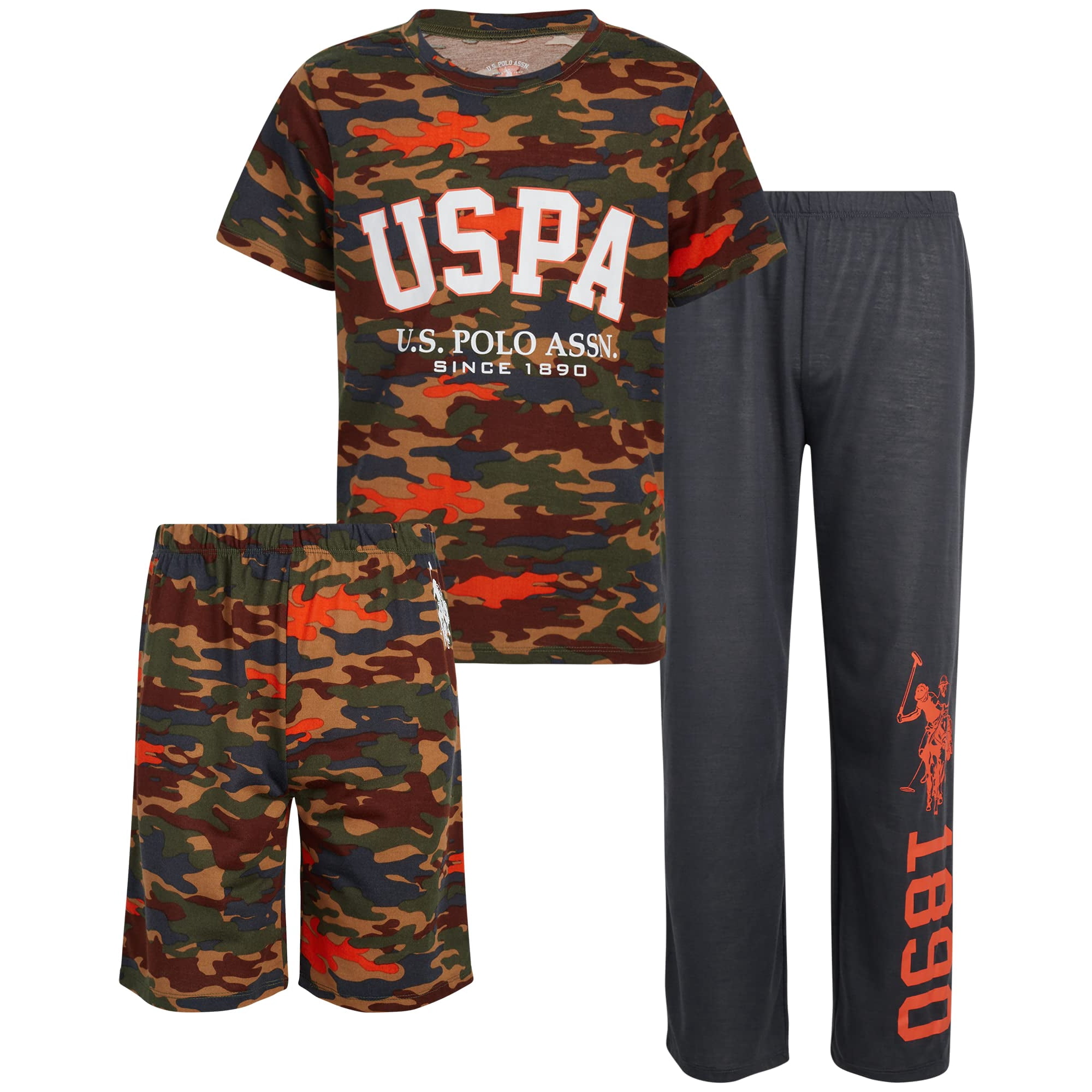 U.S. Polo Assn. Boys Pajama Set 3 Piece Short Sleeve T Shirt Sleep Shorts and Pajama Bottoms Little Boy Big Boy Size 7 8 Green Orange Camo Walmart