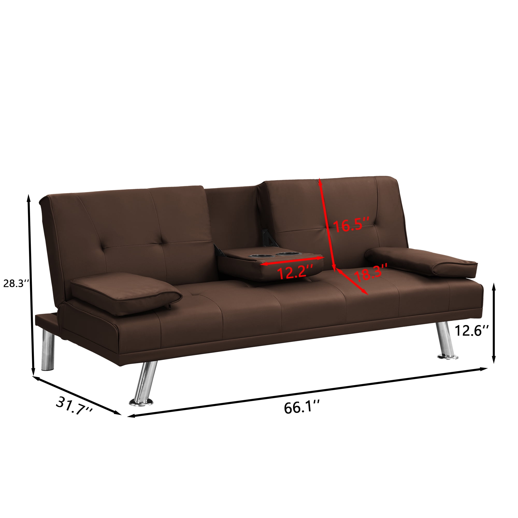 Leather Futon Sofa Bed Convertible Folding Couch Modern Faux Leather with Cupholders and Pillows