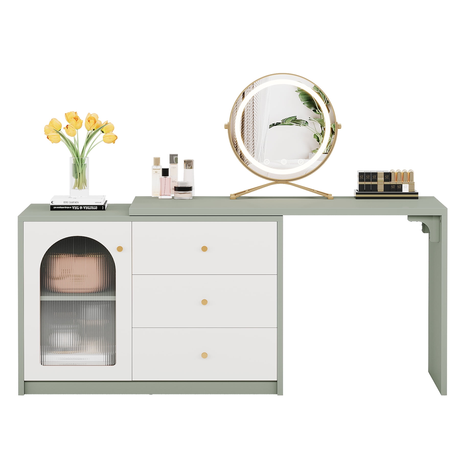 Fnova 48" Table for Nail Tech, Modern Stretchable L-Shaped Nail Corner Desk Station with Cabinet and 2 Drawers, Beauty Salon Workstation Decor with Storage Shelves, White Green