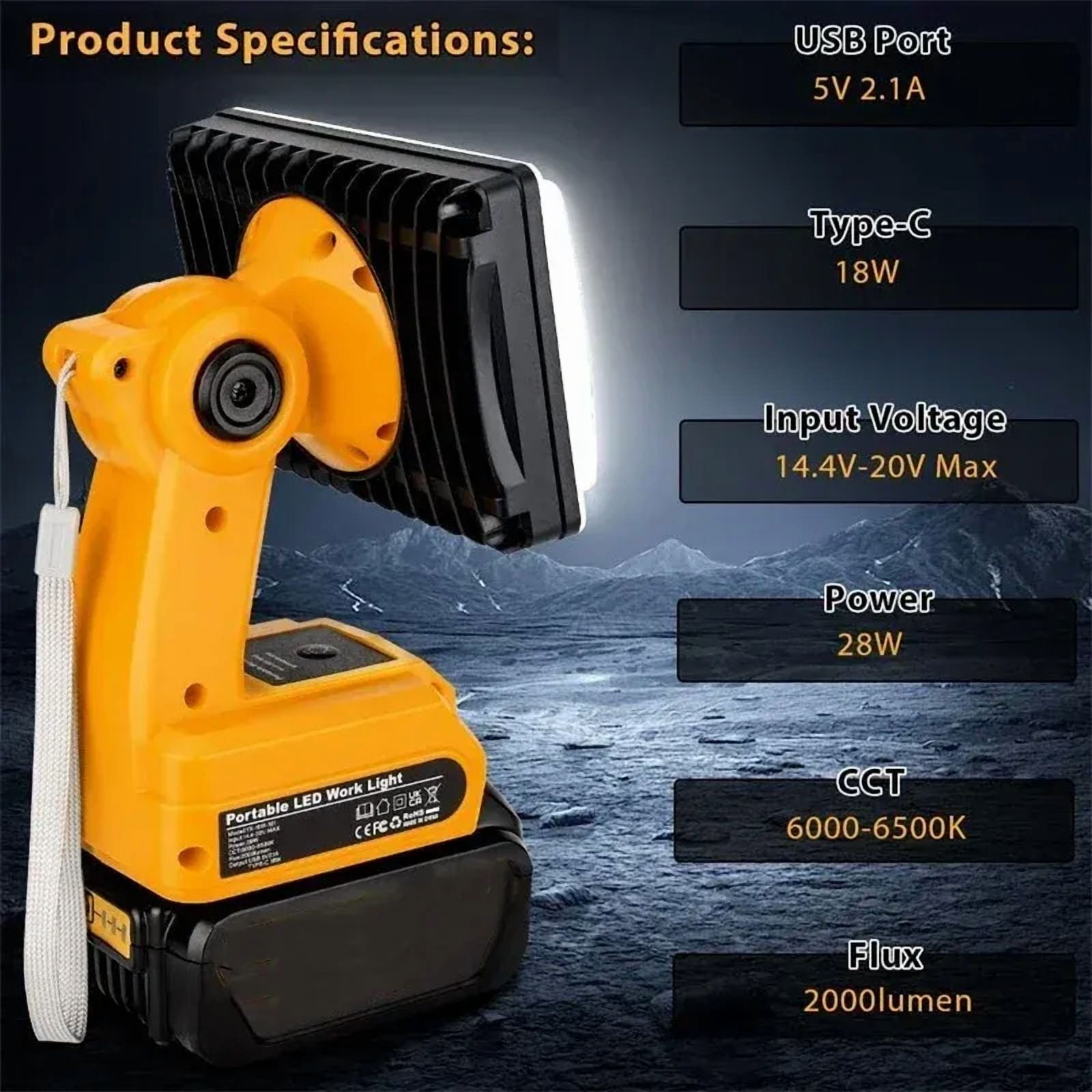 18W 2000LUMEN For Black+Dekcer 20V Battery Lamp Flood Light Flashlight LED Work Light Spotlight