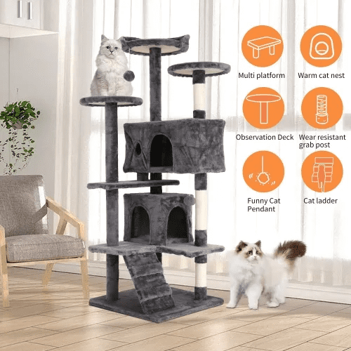 BORGEBY 54in Cat Tree Tower for Indoor Cats，Multi-Level Pet Furniture with Sisal Scratching Post, Large Cozy Condo, Climbing Ramp, Kitten Toy（Light Gray）