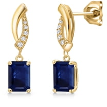 Gem Stone King 10K Yellow Gold Blue Sapphire and Lab Grown Diamond Drop Dangle Earrings for Women | 3.17 Cttw | Gemstone September Birthstone | Emerald Cut 7X5MM