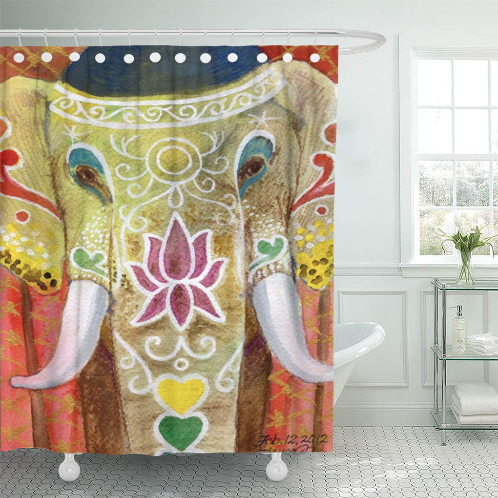 Elephant Black Shower Curtain Colorful Tribal Design Pattern 