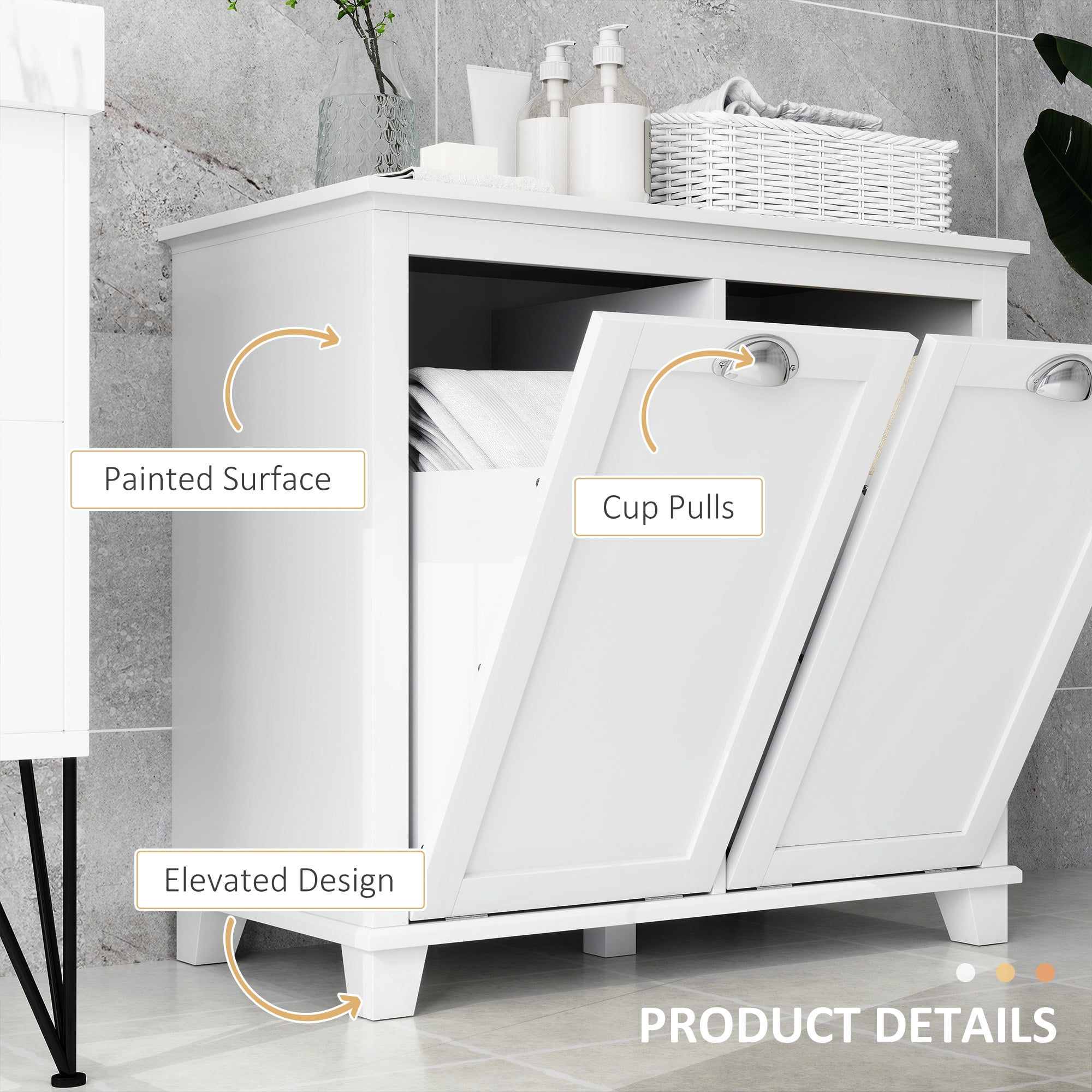 HOMCOM Tilt-Out Laundry Sorter Cabinet, Bathroom Storage Organizer with Two-Compartment Tilt-Out Hamper, White