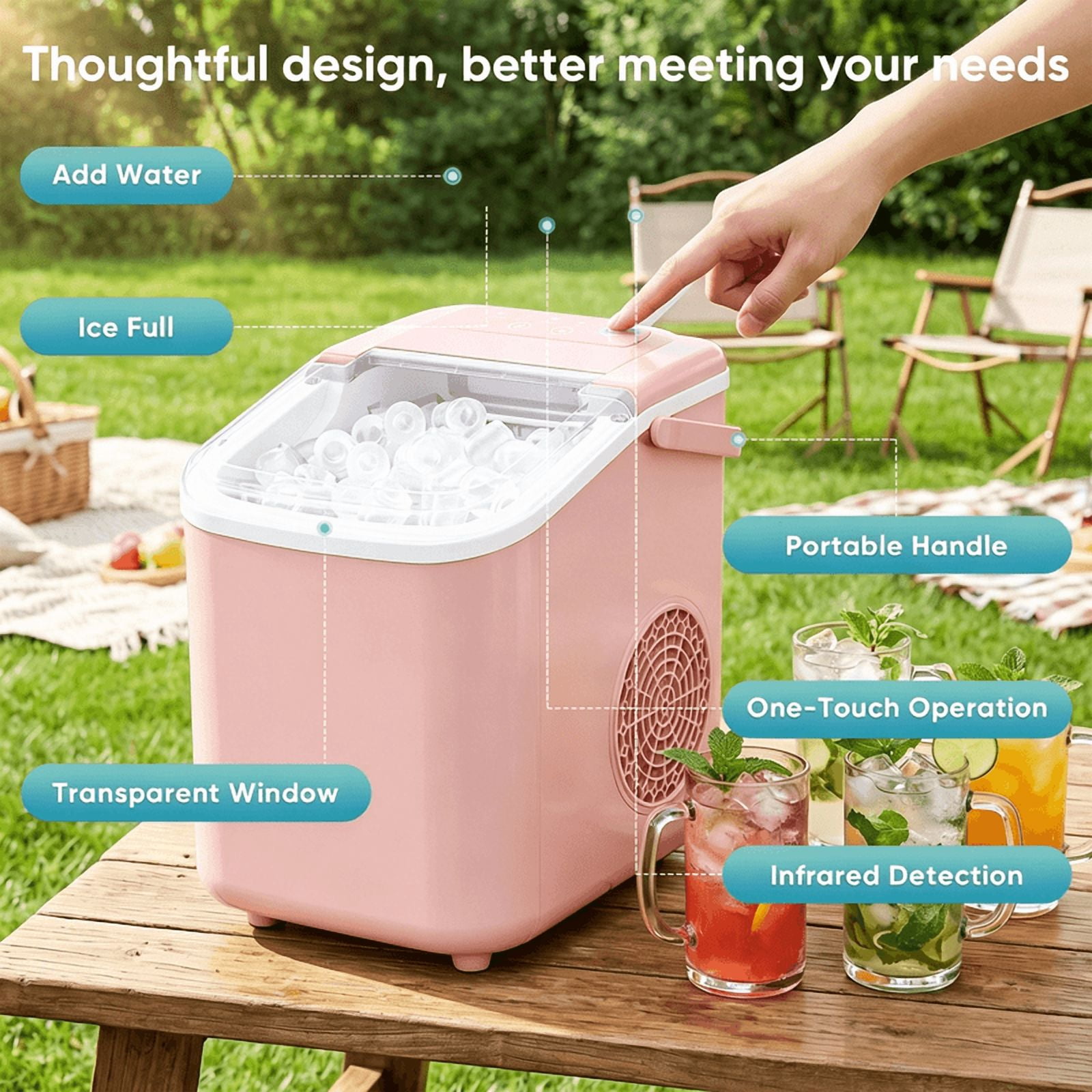 Portable Countertop Ice Maker with Handle, Self-Cleaning Bullet Ice Maker, 9 Ice Cubes Ready in 6 Minutes, 26lbs/24H, Eco-Friendly with Ice Scoop & Basket for Home, Office, Bar, Party, RV (Pink)