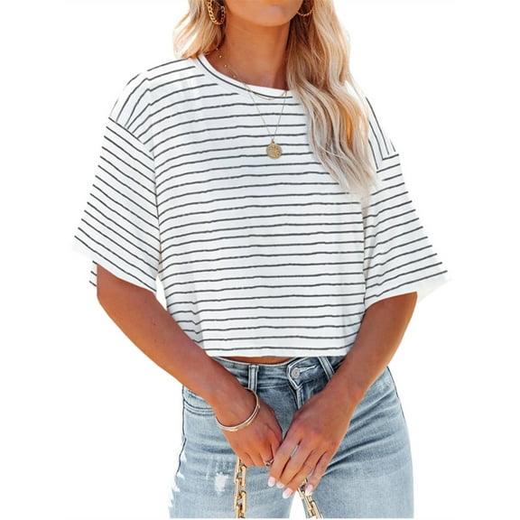 Langwyqu Short Sleeved Women Stripe Print Crop Tops Casual Shirt