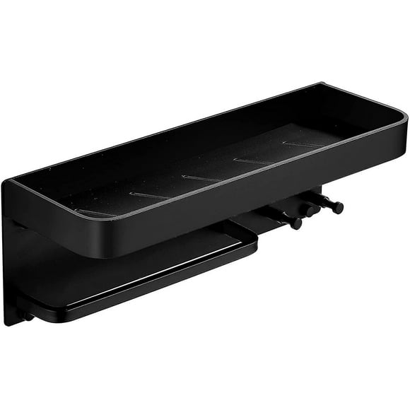 Black Shower Shelf, No Drilling Shower Shelf With Towel Rail And Hook, Aluminum, Rust Proof, For Bathroom And Kitchen