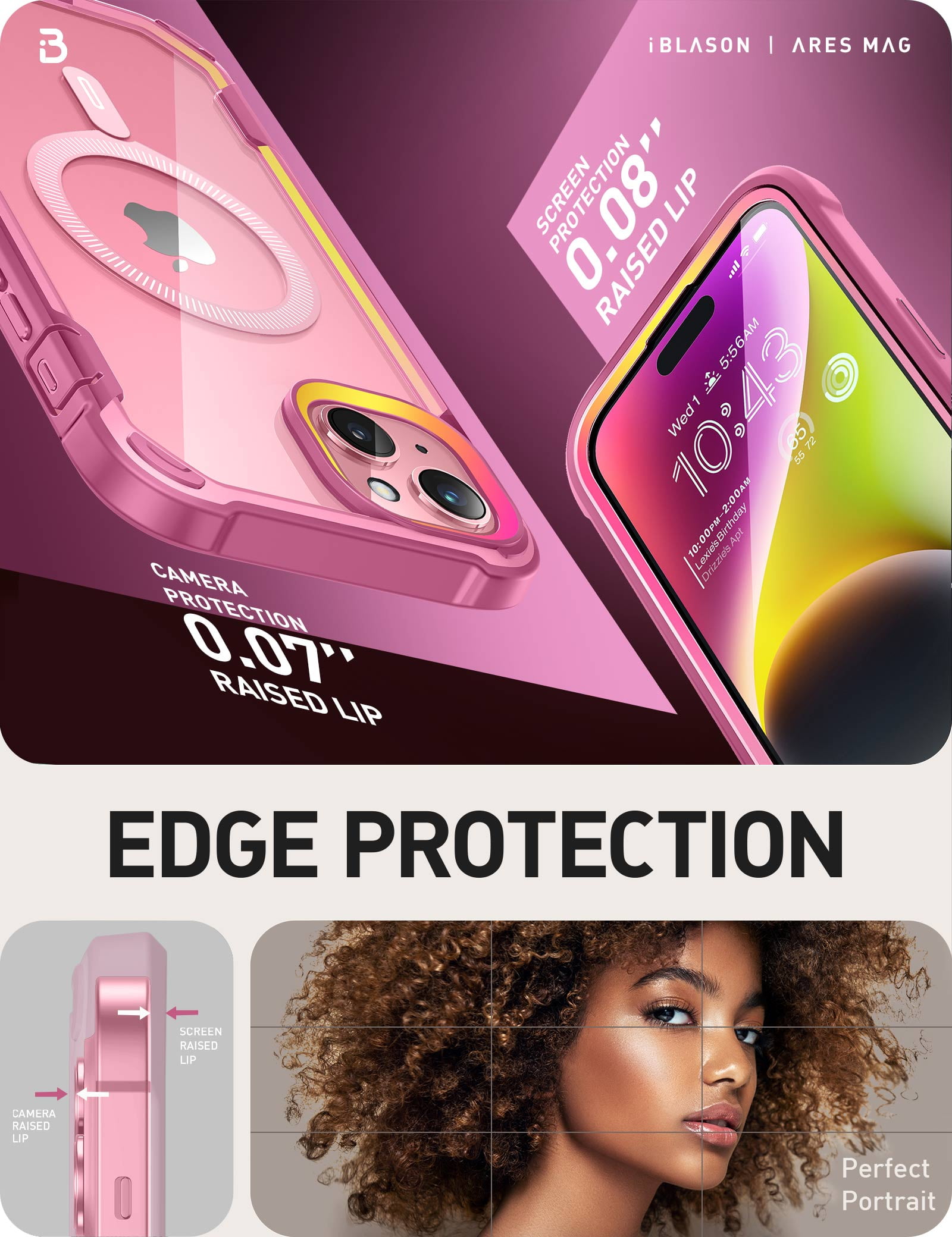 i-Blason AresMag for iPhone 15 Plus Case [6.7 inch], [MagSafe Compatible] Full-Body Dual Layer Anti-Slip Shockproof Rugged Clear Bumper Case with Built-in Screen Protector (Pink)