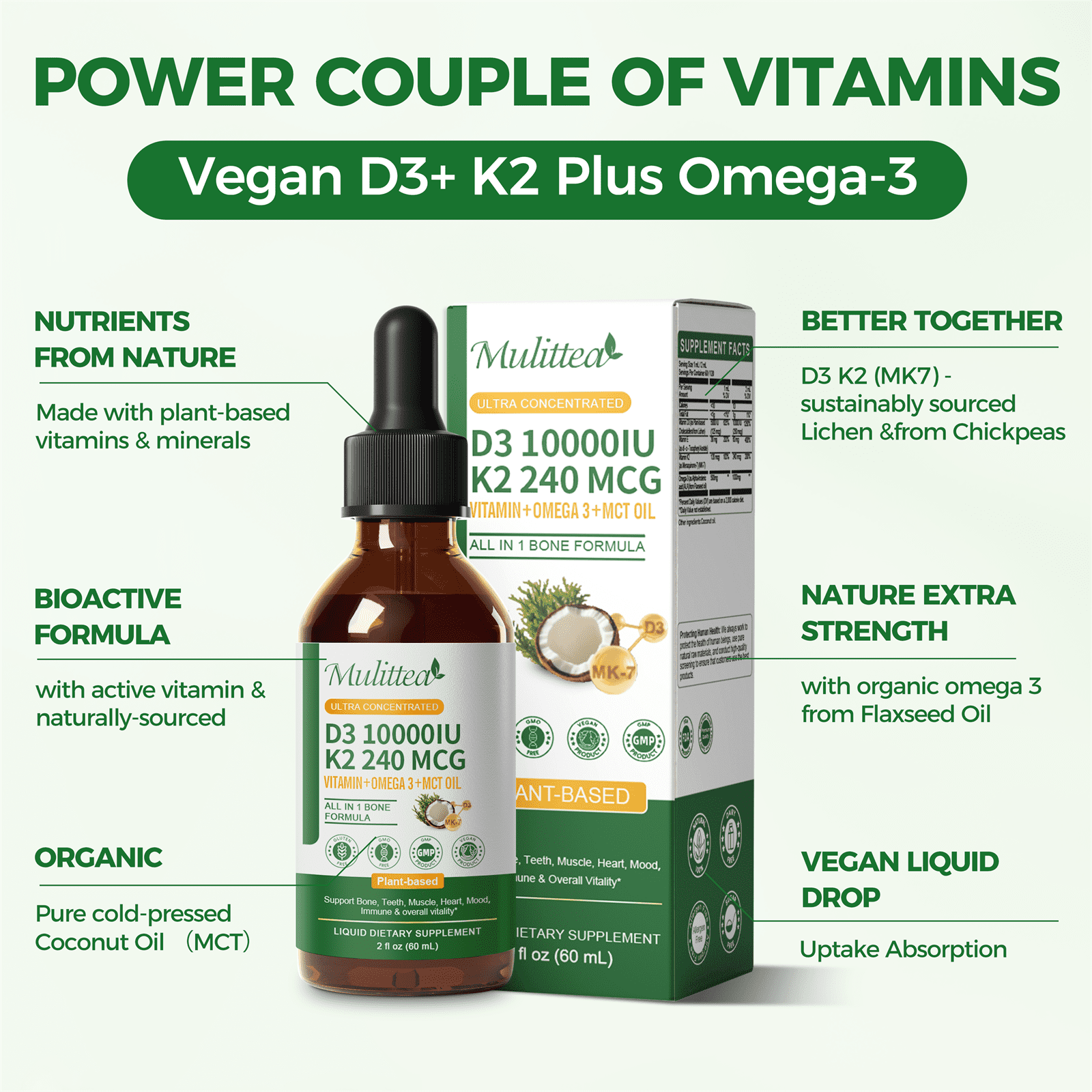 Mulittea Vitamin D3 + K2 + Omega-3 Supplement | Vegan Vitamin D3 K2 Liquid with Omega-3 Flaxseed, 10000 IU Vitamin D Liquid for Bones, Muscles, 4 Fl Oz