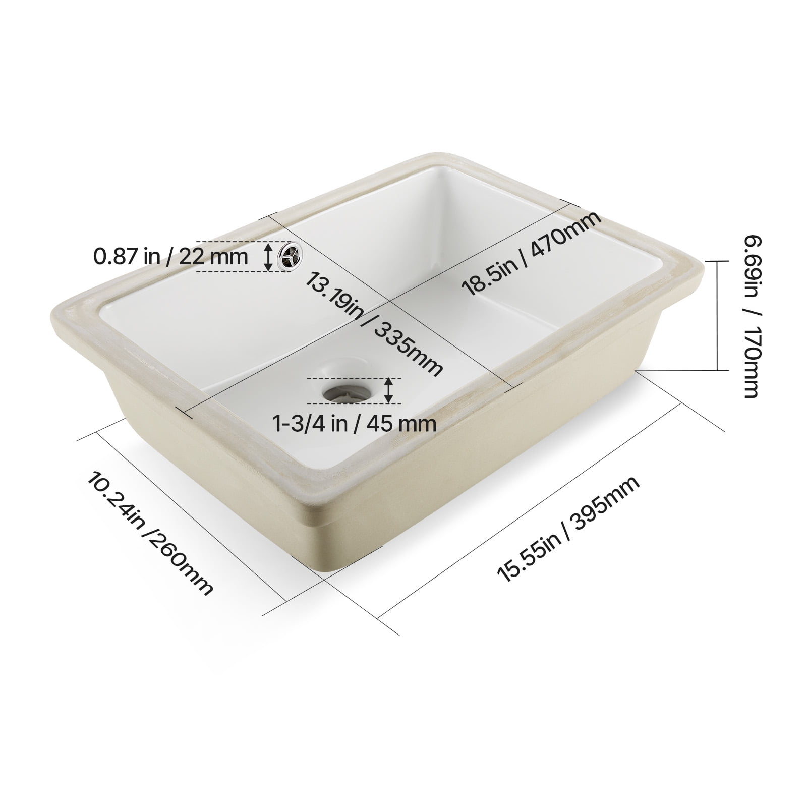 KFFKFF Rectangular Undermount Bathroom Sink, 3018, 18.5 x 13.19 Inch Ceramic, White