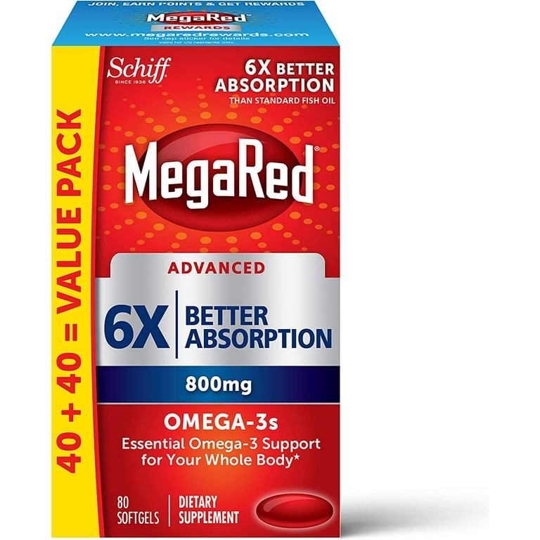 Omega 3 Fish Oil Supplement 800mg per Serving MegaRed Advanced 6X Absorption EPA DHA Omega 3 Fatty Acid Softgels 80cnt Box Phopholipids