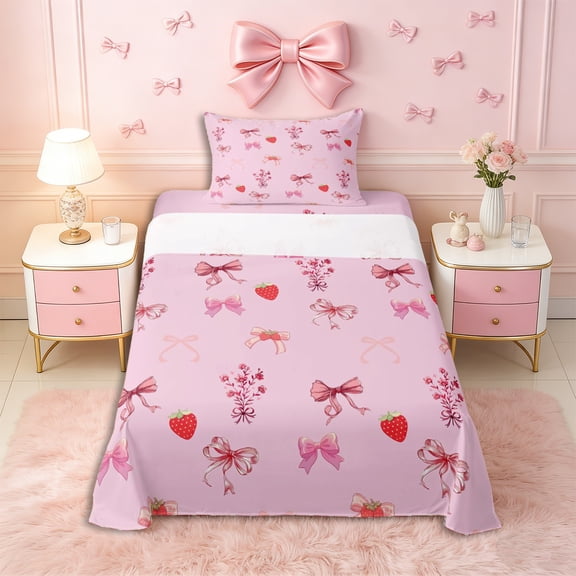 Erosebridal Kawaii Red Strawberry Twin Sheet Sets 3pcs for Girls,Cartoon Floral Bow Knot Bedding for Kids Teens,Ultra Soft Home Decor