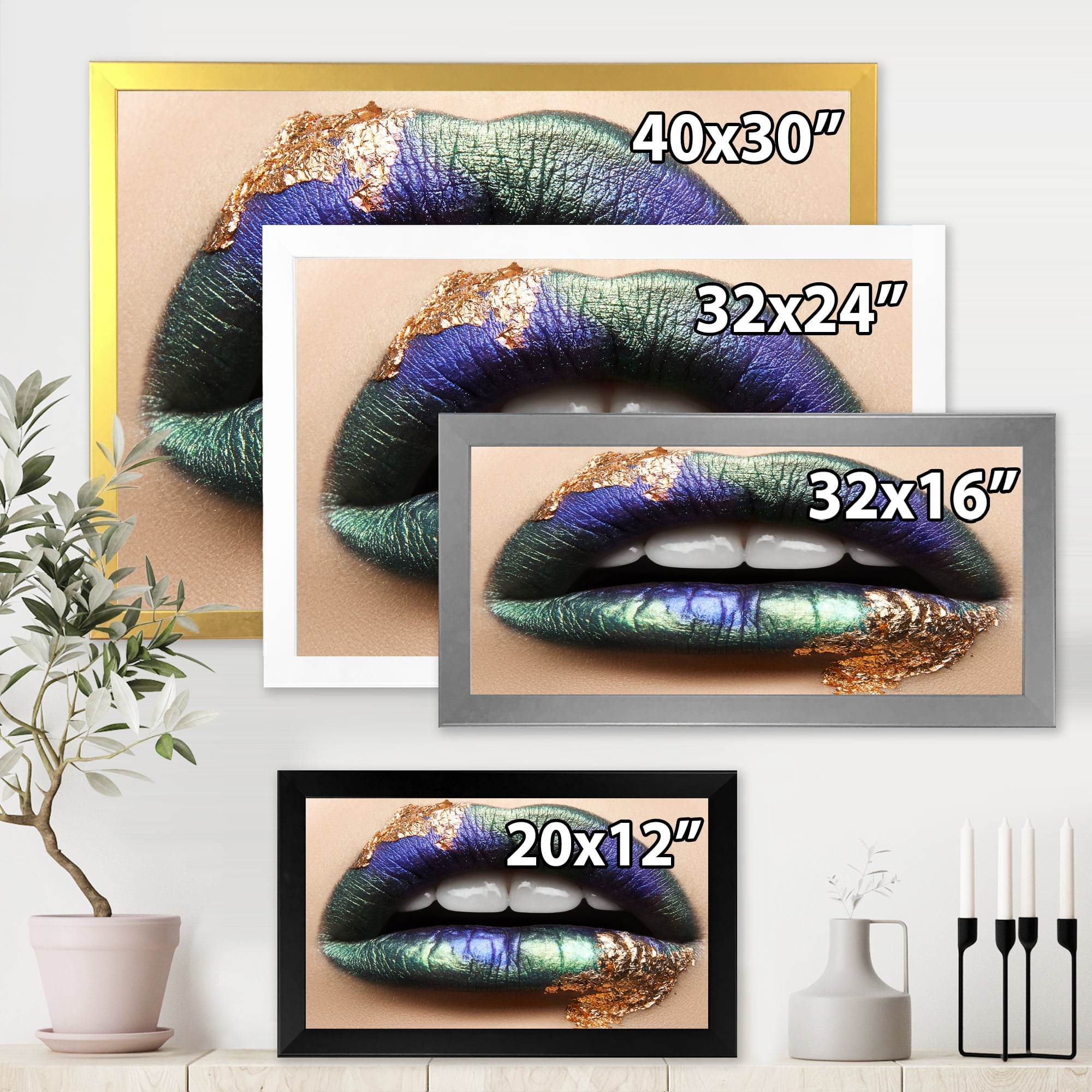 Designart 'Woman Lips With Green Lipstick & Teeth' Modern Framed Art Print