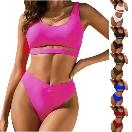 Summer Savings  Women s Sexy Print Bikini  Two-piece Swimwear  Slim Fit  Strapped Swimsuit  Comfortable Beach & Pool Wear  Holiday Swimwear for Women. | Sopatenor  Hot Pink L