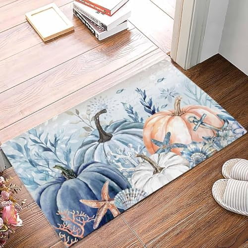 Doormat Indoor Entrance Home Decor Door Mat Blue Orange Coastal Fall Floor Rugs for Kitchen Bathroom Thanksgiving Maple Leaf Pumpkins Funny Welcome Mat 17x30 Inch.