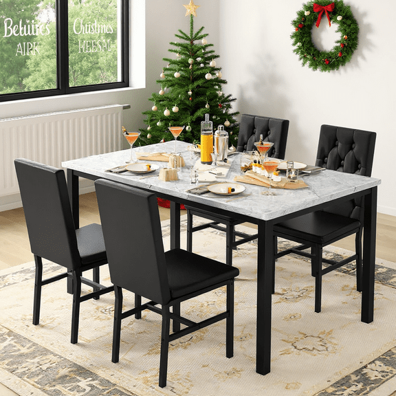LinkRomat 5-Piece Dining Table Set for 4 Faux Marble with Button Tufted Upholstered Chairs, Kitchen Table with Chairs, Black