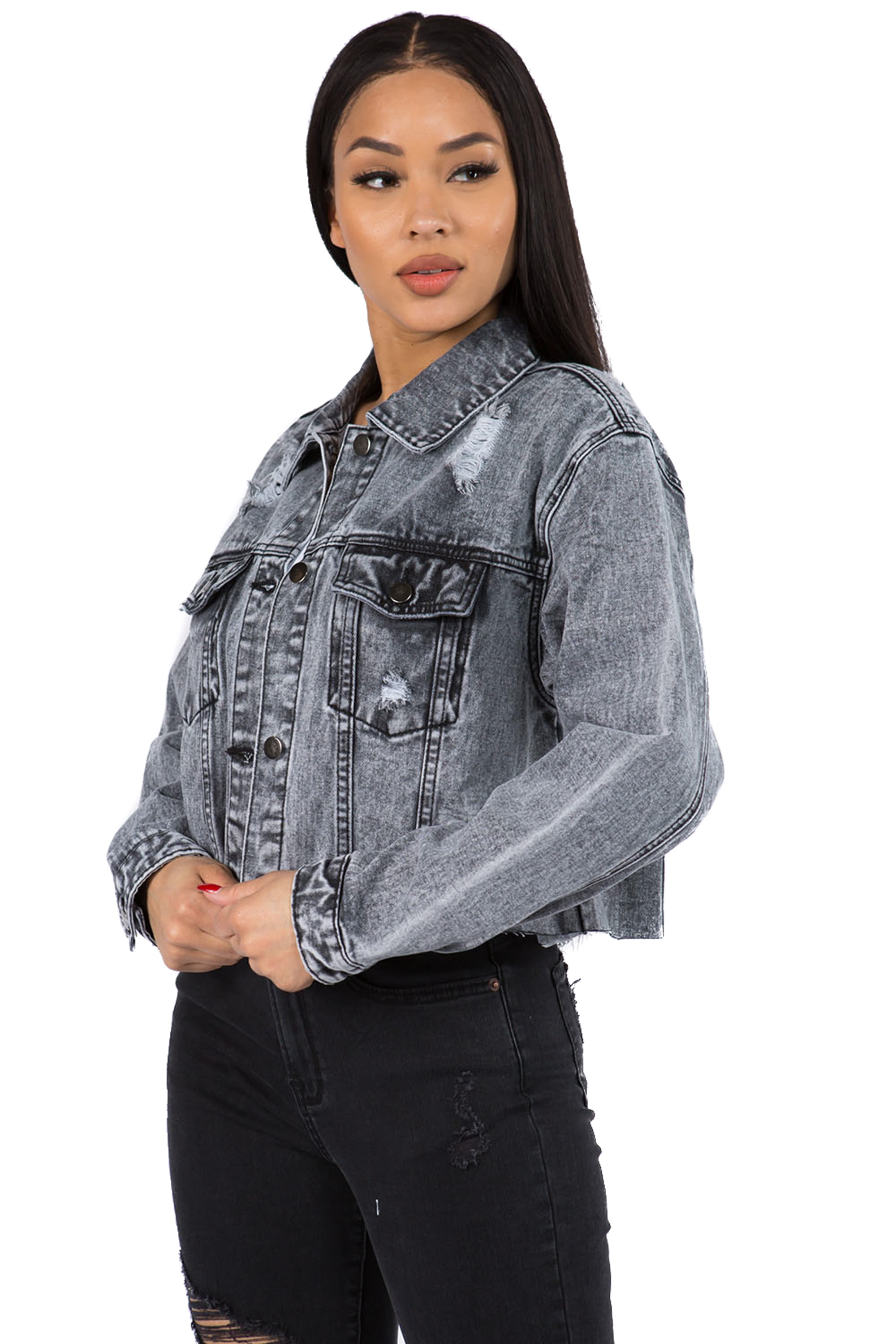 Love Moda Women's Denim Jeans Graphic Chain Crop Washed Jacket - 2X, Black #Rjk30044, Size: 2XL