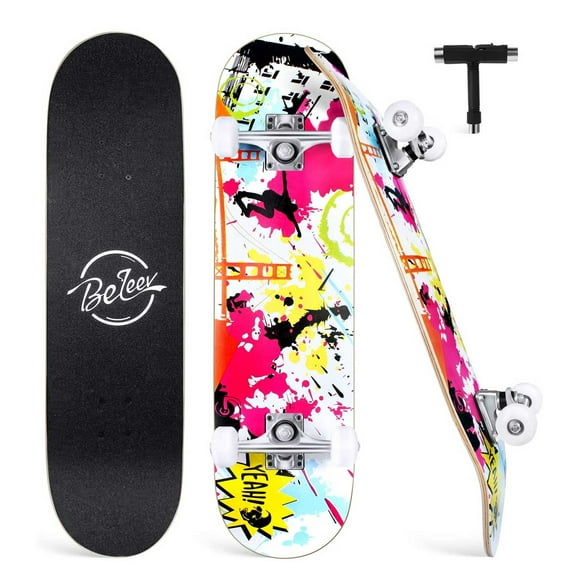 Beleev Skateboards for Beginners 31"x8" Complete Skateboard for Kids Teens Adults, 7 Layer Canadian Maple Double Kick Deck Concave Cruiser Trick Skateboard