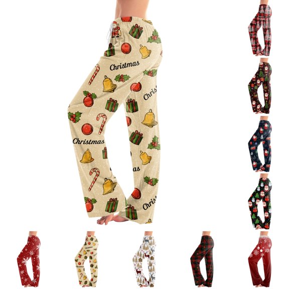 UDAUDU Christmas Pajamas Pants for Women Comfort Cute Print Wide Leg Pants Drawstring Stretch Holiday Sleep Pants S