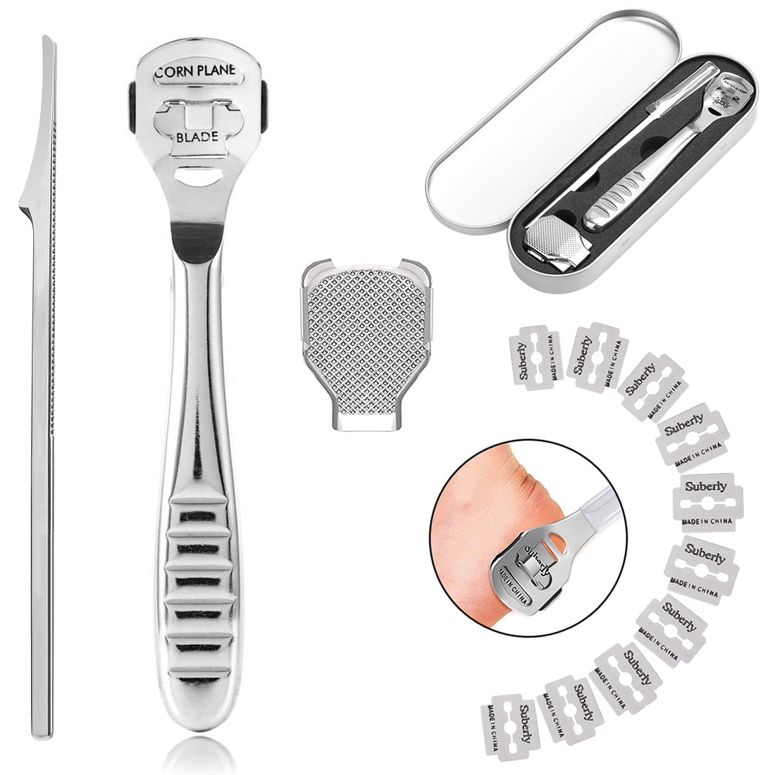 52 Pieces Callus Shaver Set, 50 Replacement Slices Blades 1 Stainless Steel  Callus Shaver and 1 Foot File Head Foot Care Tools Hard Dry Skin Remover