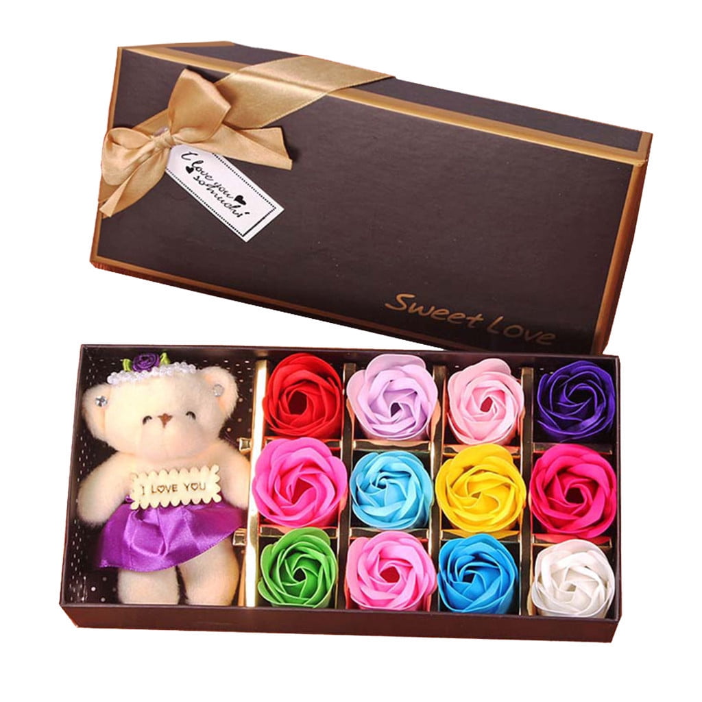 Rose and Bear Gift Boxes,12Pcs Floral Scented Bath Soap,Floral Scented Rose Petals for Bath,Suitable for Valentine,Mother's Day，Birthday Gifts