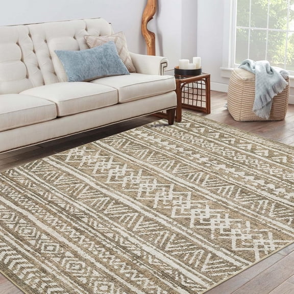 4' x 6' Washable Area Rug,Modern Striped Print Carpet,Low Pile Non-Shedding Indoor Carpet with Non-Slip Backing for Living Room Bedroom,Brown&White