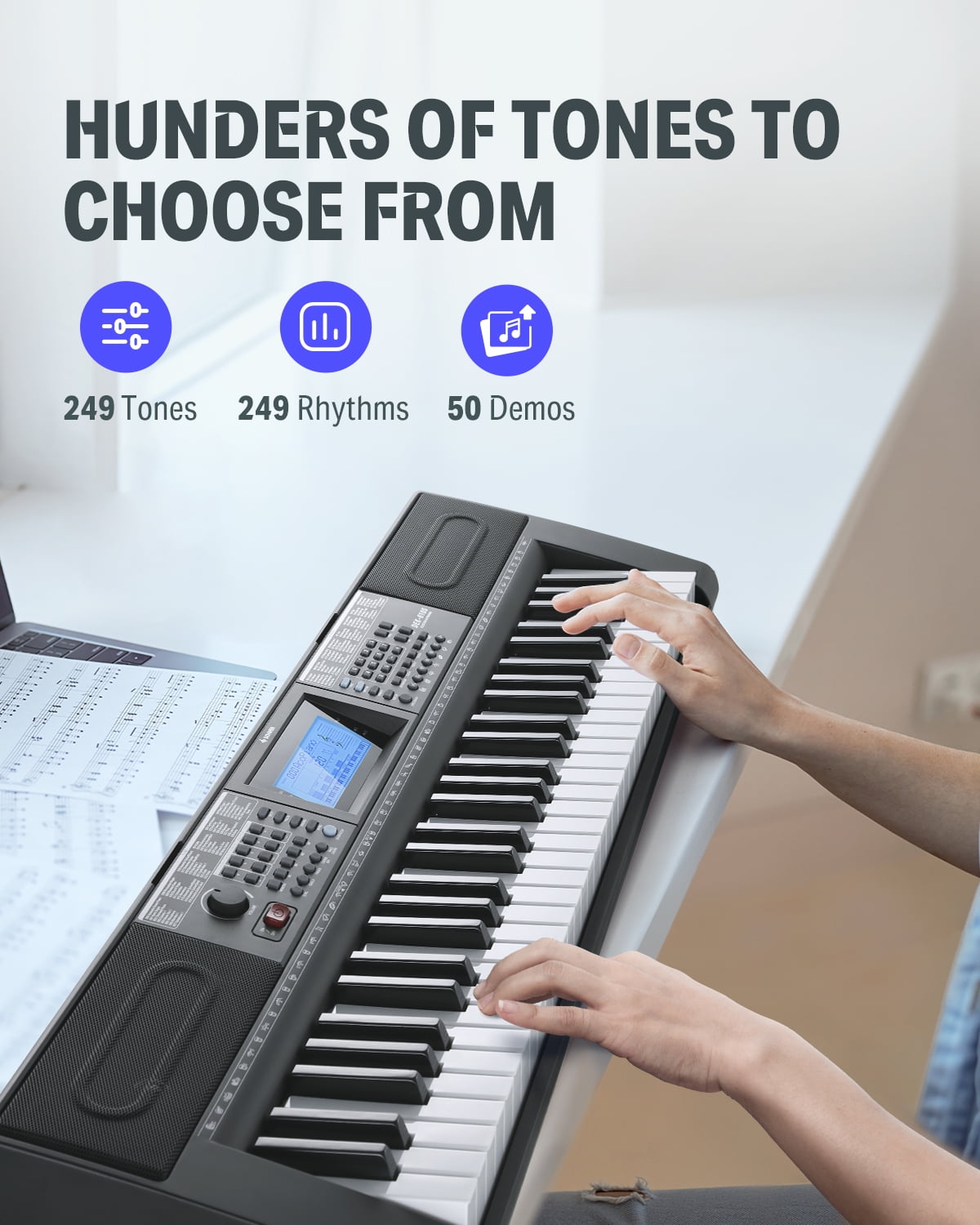 Donner Upgraded 61 Key Piano Keyboard, Electric Keyboard Kit with 249 Voices, 249 Rhythms - Includes Piano Stand, Stool, Microphone, Gift for Beginners, Black (DEK-610S)