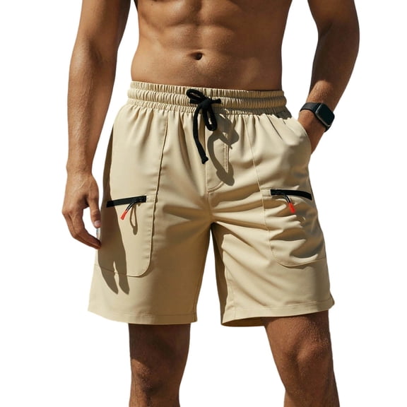Men's Hiking Cargo Shorts Elastic Waist Quick Dry Lightweight Travel Shorts with Zipper Pockets for Fishing Camping Golf Size S-2XL Khaki