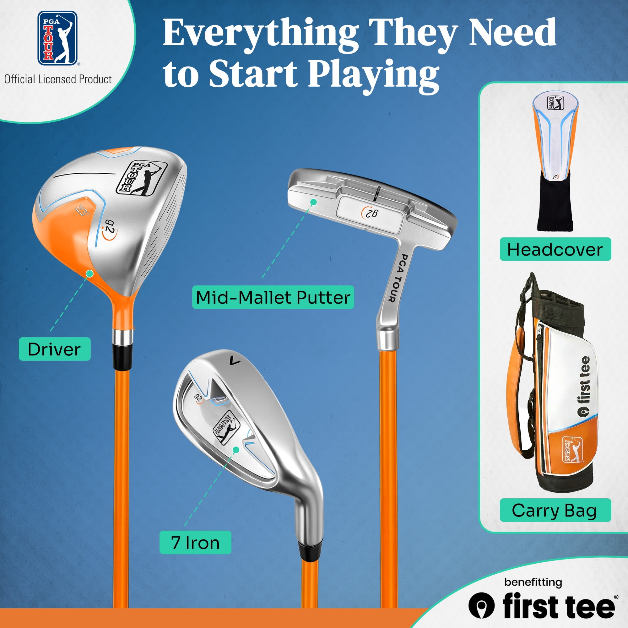 PGA TOUR x First Tee Junior Golf Club Set with Carry Bag, 5-Piece, Right-Handed, Kids Heights 3'6" to 4'1", Orange