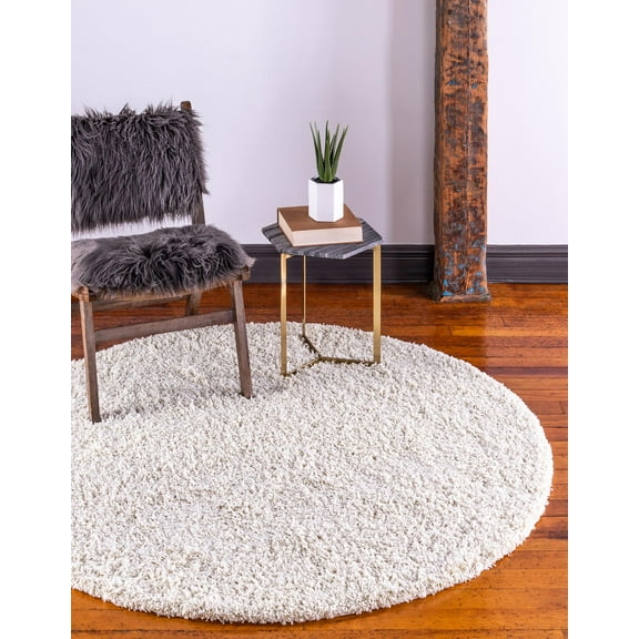 Rugs.com Solid Shag Collection Rug – 4 Ft Round Pure Ivory Shag Rug Perfect For Kitchens, Dining Rooms