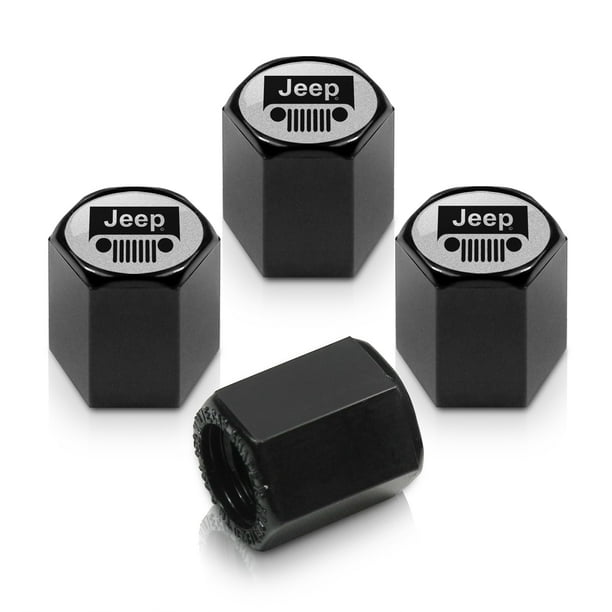 Jeep Grille Silver Logo Black Tire Stem Valve Caps