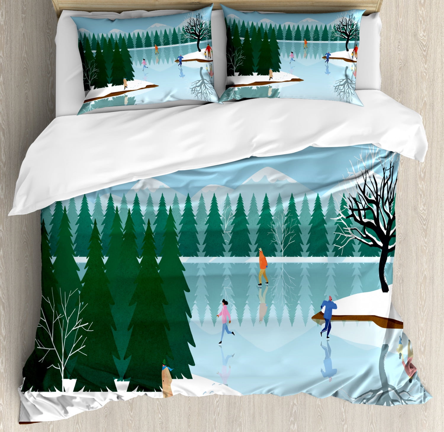 Winter Duvet Cover Set Queen Size Frozen Lake Christmas Holiday Ice Skating Illustration Urban Activity Composition 3 Piece Bedding Set With 2 Pillow Shams Multicolor By Ambesonne Walmart Com Walmart Com
