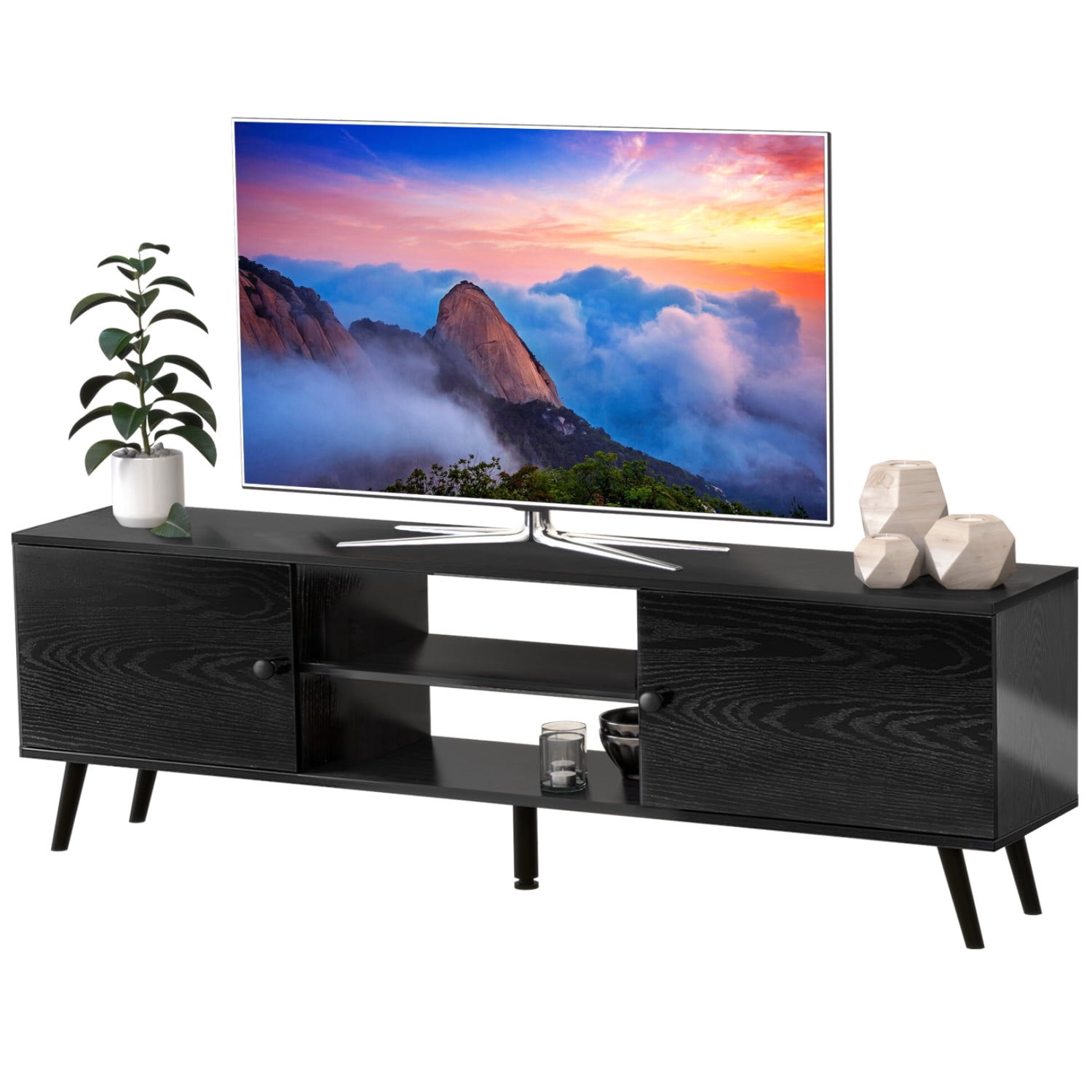 DUMOS TV Stand For 55-60 Inch TVs - Mid Century Modern Media Console With Storage Cabinets, Adjustable Shelf, Black