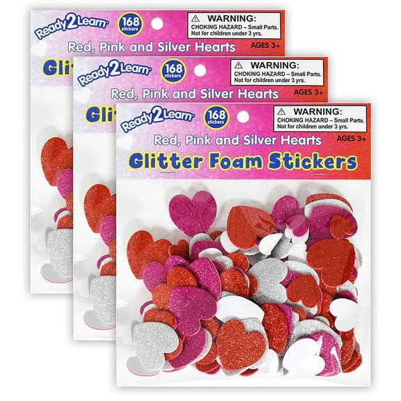 READY 2 LEARN Glitter Foam Stickers - Hearts - Red, Pink and Silver - 168 Per Pack - 3 Packs