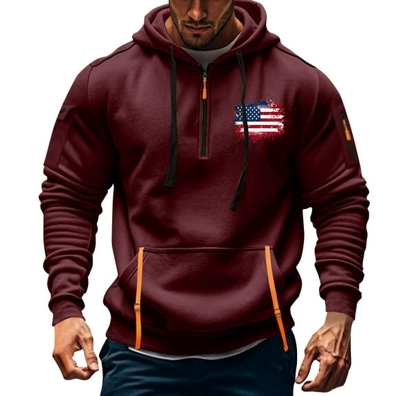 KeShDi Hoodies for Men Quarter Zip Pullover Tactical Y2k Hoodie with Pockets American Flag Men's Spring and Fall Printed Hooded Sweatshirt Zipper Multi-Pocket Pullover Sweatshirt Wine 2X
