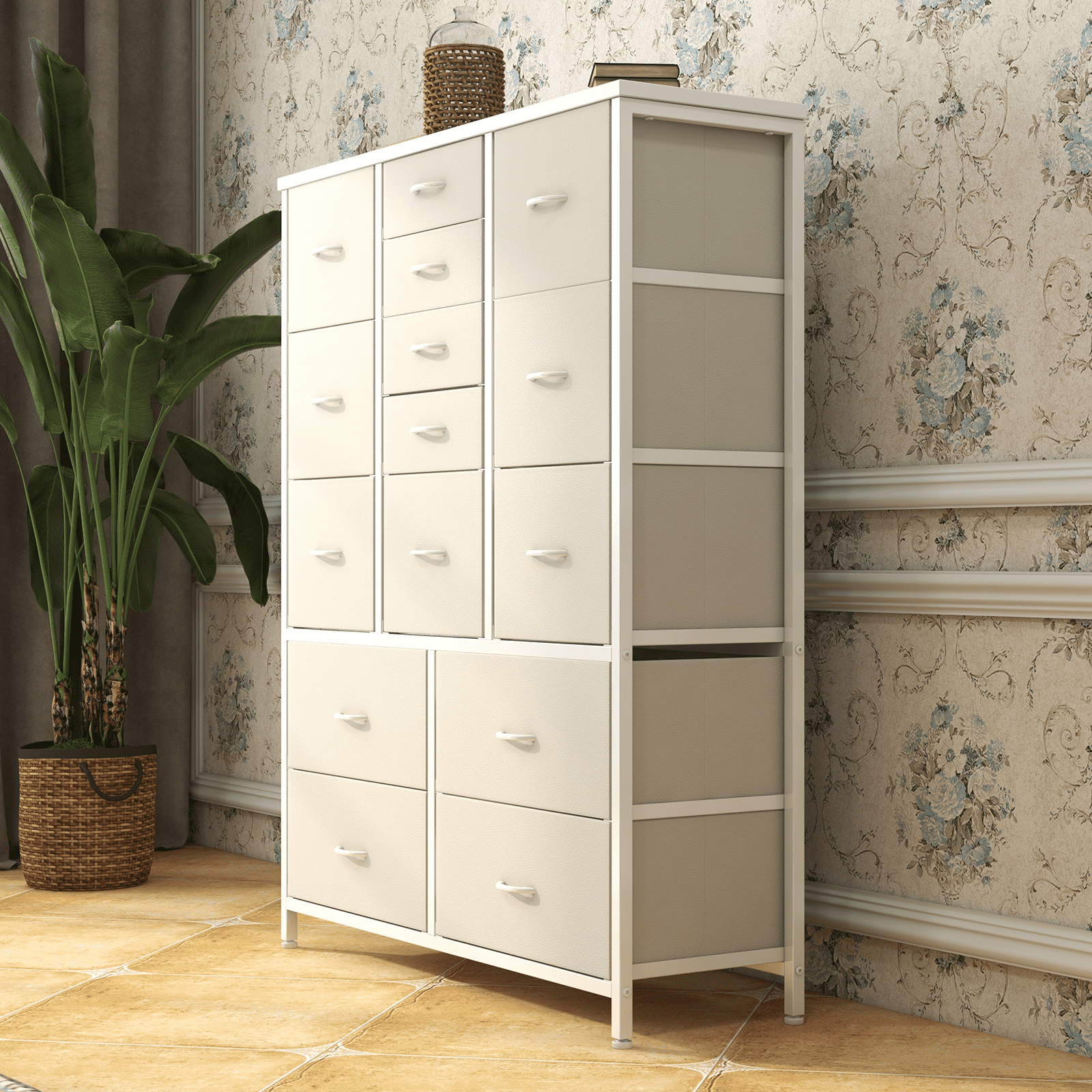 Towallmark 48" H Tall Dresser with 15 Drawers Dressers for Bedroom Fabric Storage Dresser & Chest of Drawers(White)