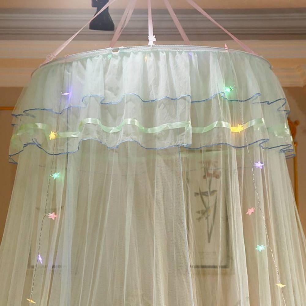 Bed Canopy, Bed Curtain for King Size, Canopy Bed Curtains Round Lace Dome, Bedroom Indoor Outdoor Decor for Girls Boys Adults, with String Lights, White