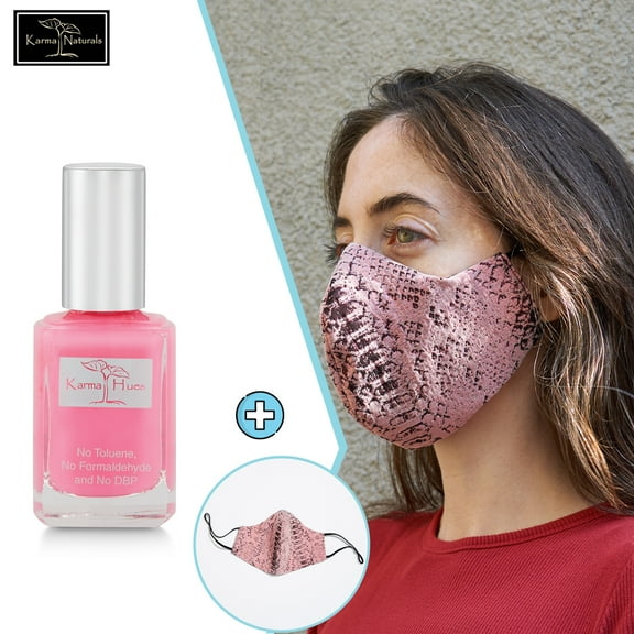 Karma Naturals Nail Polish - Non-Toxic with Matching Fashion Face Mask Breathable Washable Reusable Face Cover for Men & Women (Iridescent Rose Python Mask)