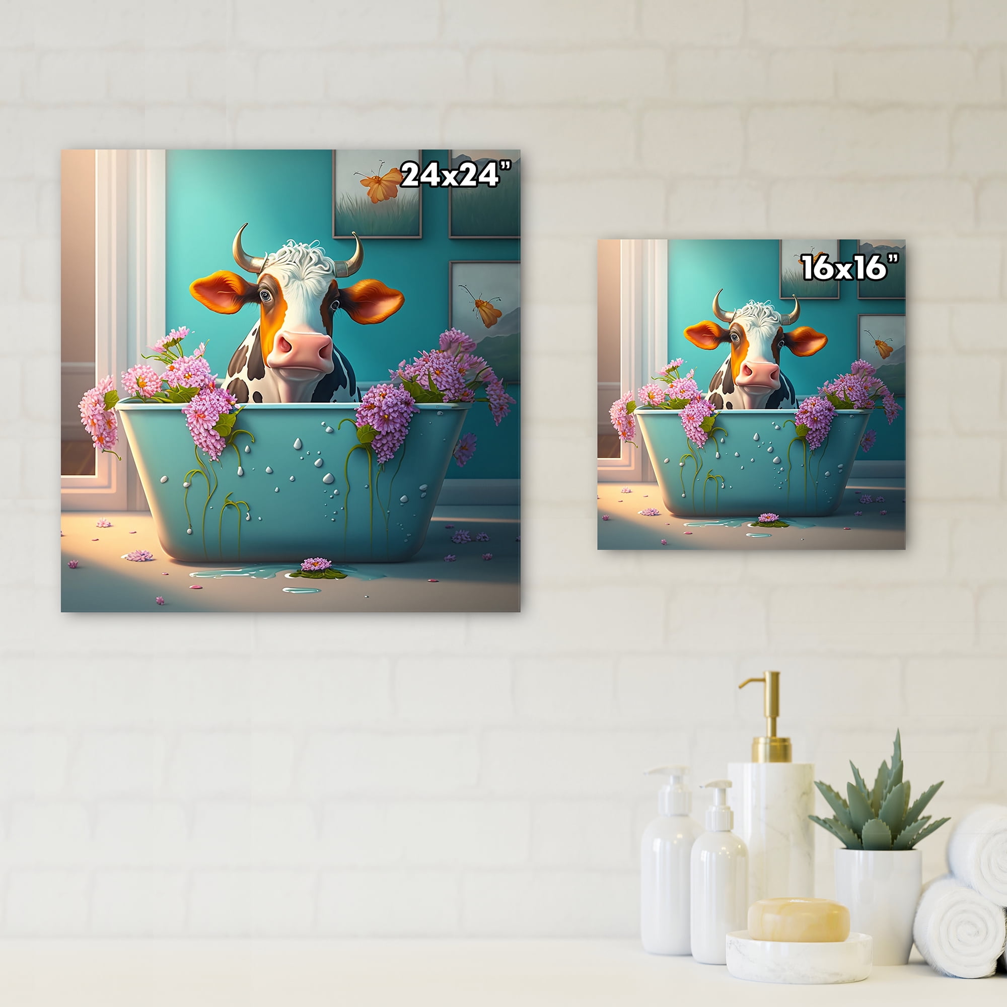 Designart Cartoon Cow Seating On The Toilet II Canvas Wall Art