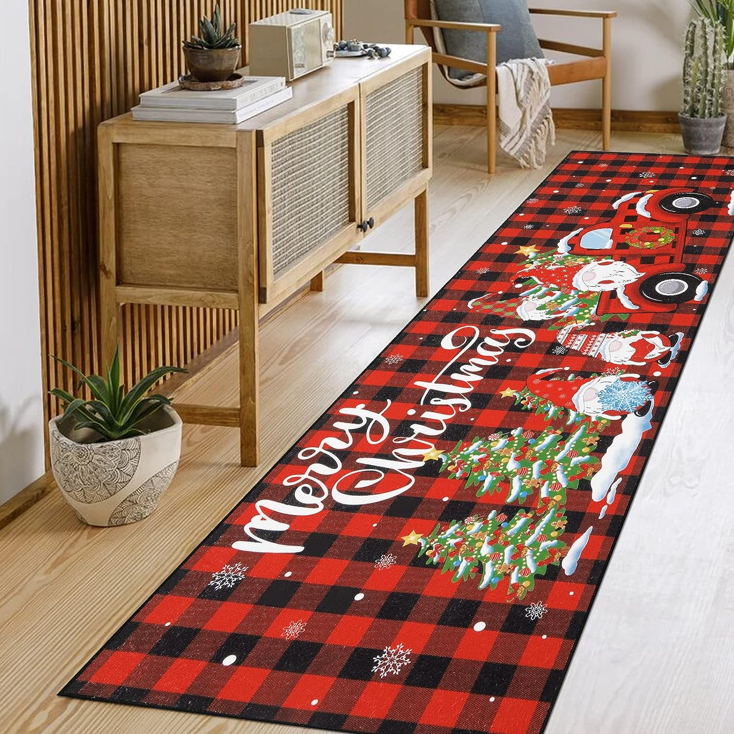 Christmas Runner Rug 2x6 Non Slip Low Pile Christmas Rug Truck in Red  Christmas Tree Red and Black Buffalo Checker Plaid Xmas Carpet Floor Mat  for Entryway Hallway Kitchen Bedroom