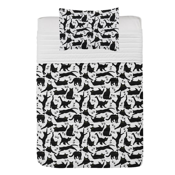 Cat Microfiber Bedspread Set, Cats Yellow Eyes in Different Positions Paw Traces Playful Feline Animal, Soft Bedding Set with Pillow Shams & Comforter, 3 Sizes, Black White, by Ambesonne
