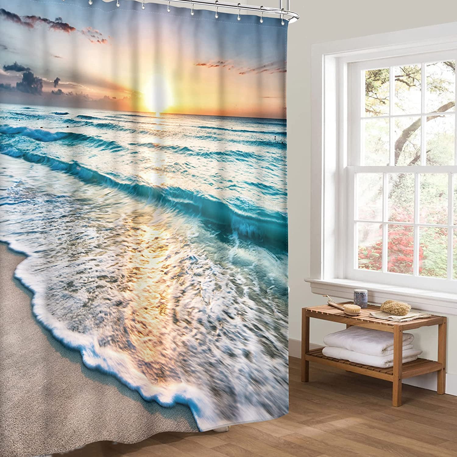 Ocean Coastal Hawaiian Sunrise Shower Curtain 72x84 Inch Sea Wave Summer Beach Seaside Scene Island Blue Fabric Set Waterproof 12 Pack Hooks BB-JWXP