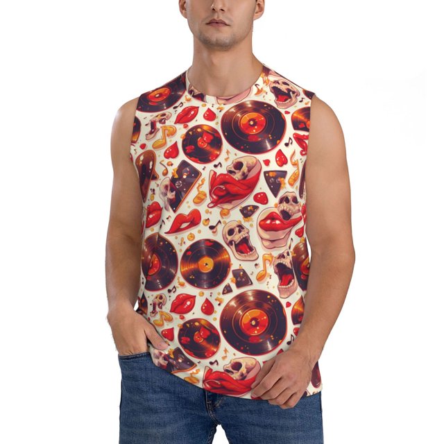 Balery Skull rock record music heart Camisetas sin mangas para hombre, absorbe la humedad y protege contra el mal olor.-Small
